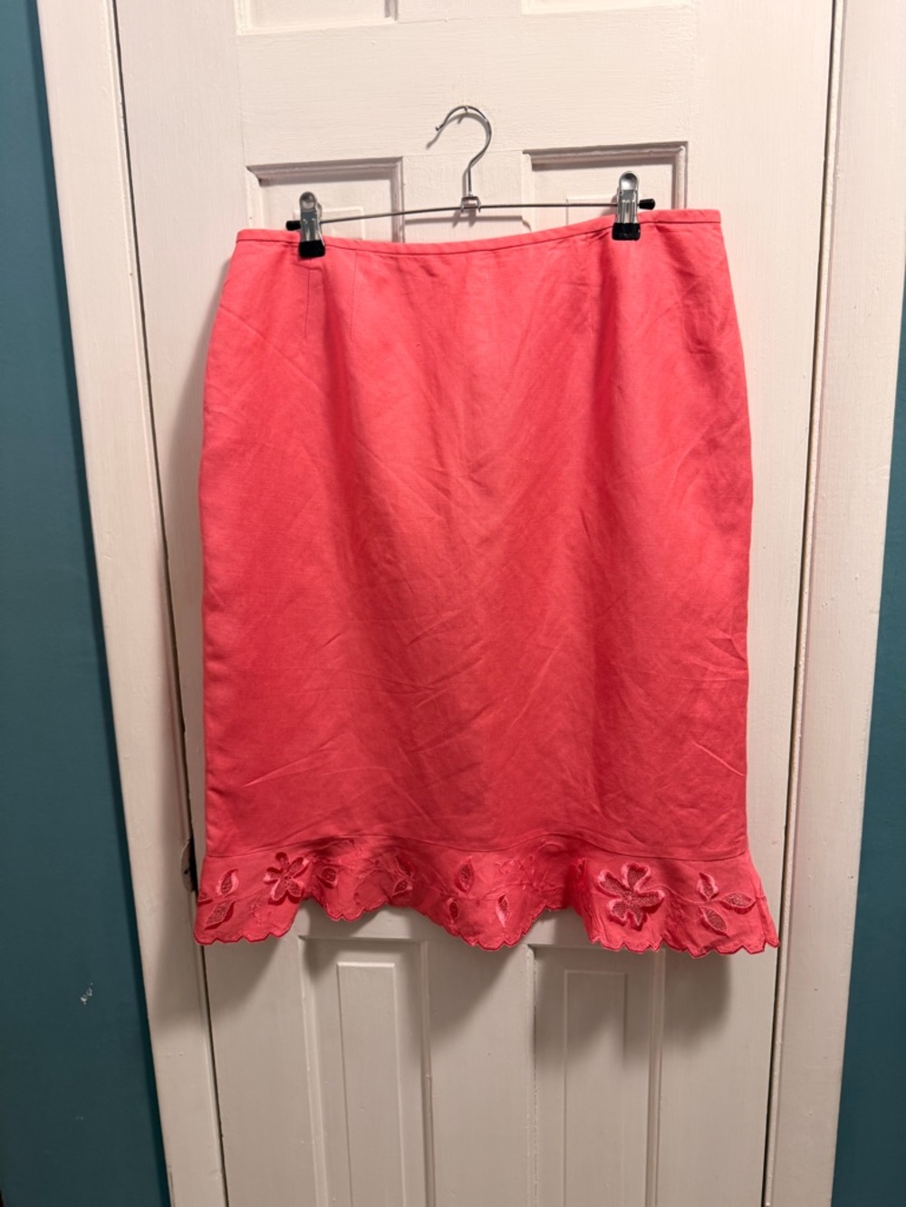 Le Suit Coral Pink Midi Skirt with Scalloped Embroidered Hem